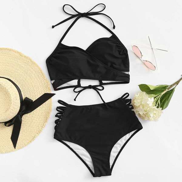 

Lace Up Halter Top With Ladder Cut Out High Waist Bikini