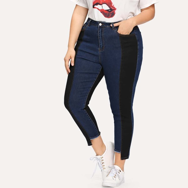 

Plus Two Tone Stepped Hem Jeans, Navy