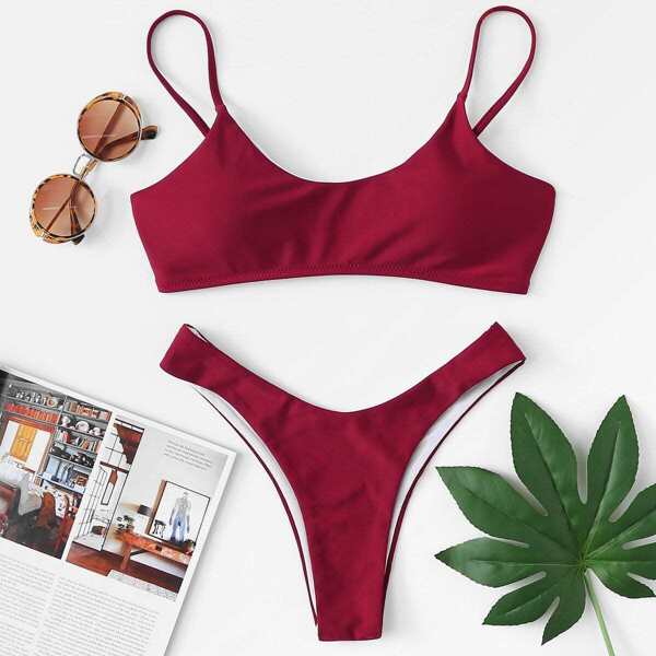 

Scoop Neck Top With High Leg Bikini Set