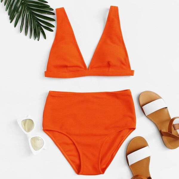 

Textured Plunging Top With High-waist Bikini Set, Orange bright