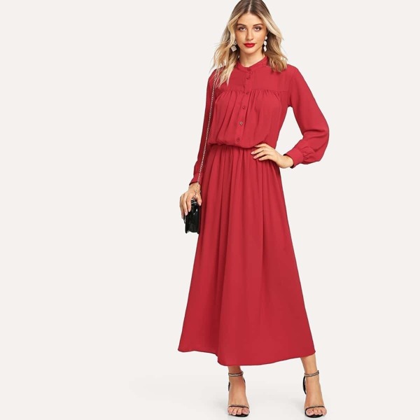 

Button Up Solid Maxi Dress, Red