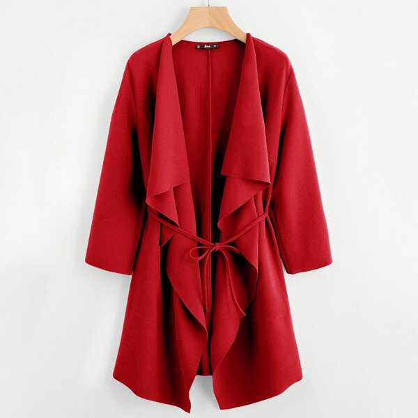 

Waterfall Collar Pocket Front Wrap Coat, Red