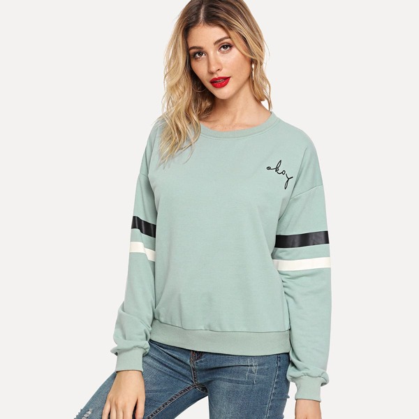 

Drop Shoulder Varsity Striped Sleeve Pullover, Green