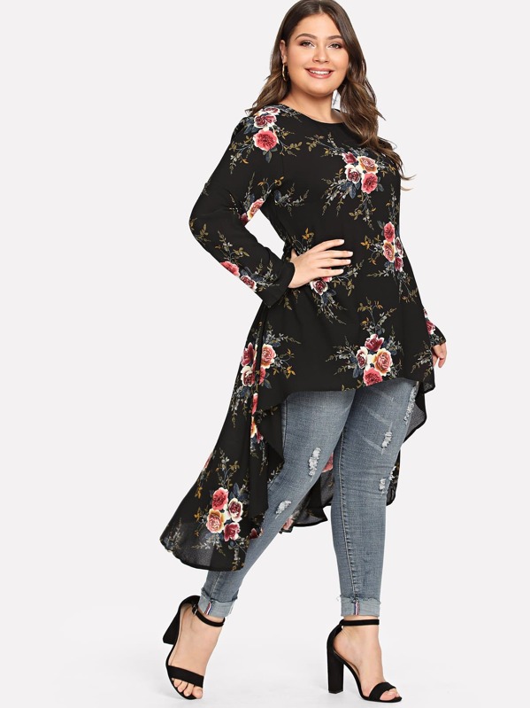 

Plus Floral Print Dip Hem Blouse, Black, Carol