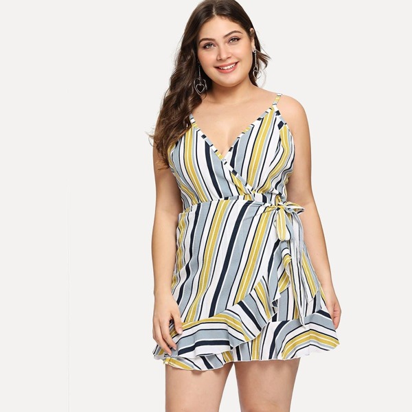 

Plus Striped Ruffle Hem Wrap Front Knot Dress