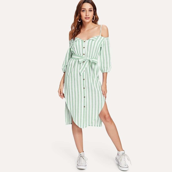 

Open Shoulder Tie Waist Asymmetrical Hem Striped Dress, Green