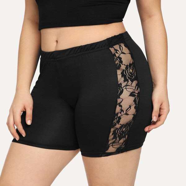 

Plus Contrast Lace Shorts, Black