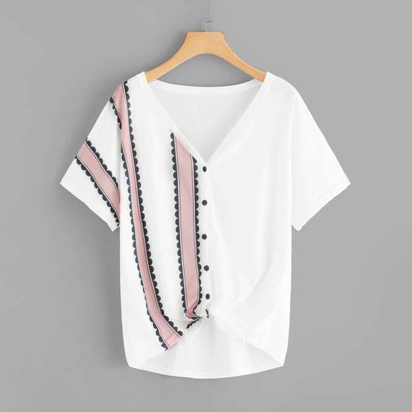 

Plus Button Through Knot Hem Striped Tee