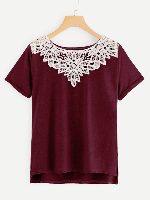

Lace Panel Dip Hem Tee, Burgundy