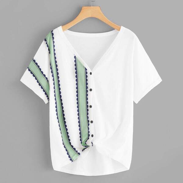 

Contrast Striped Button Through Tee