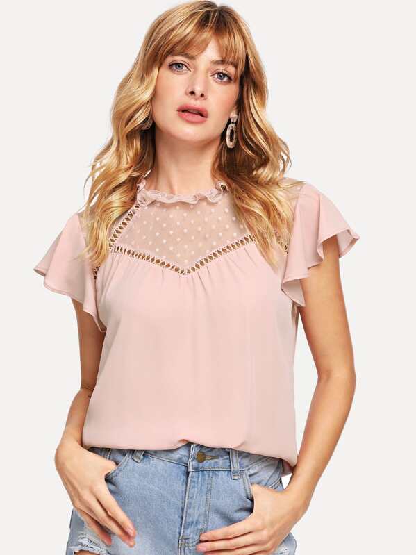 

Dot Mesh Lace Insert Keyhole Back Top, Masha