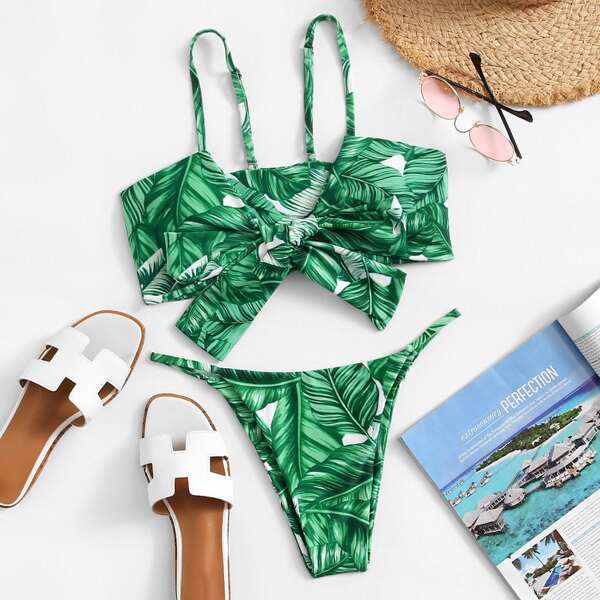 

Knot Front Palm Print Bikini Set