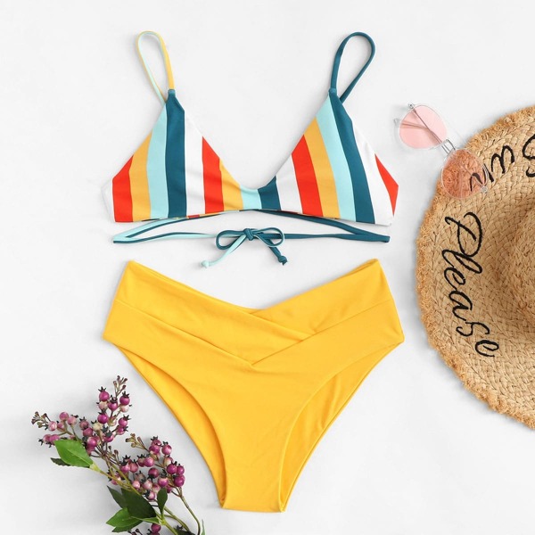 

Striped Print Top With Criss Cross Bikini Set, Multicolor