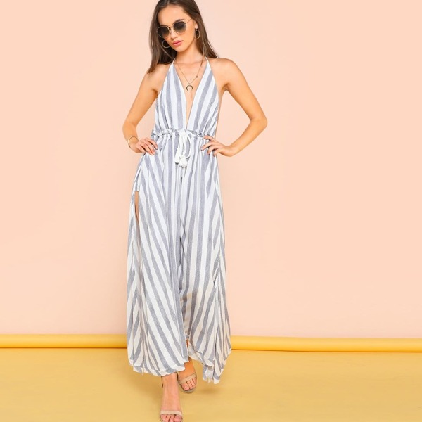 

Striped Tie Front Jumpsuit With Shorts, Multicolor