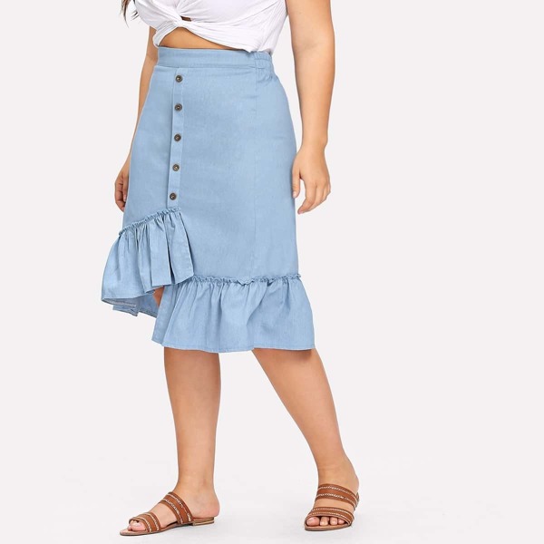 

Plus Ruffle Hem Button Front Denim Skirt