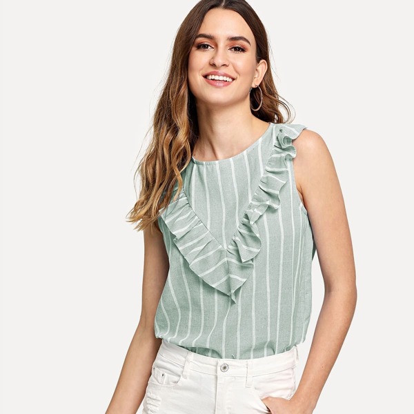 

Ruffle Detail Striped Shell Top