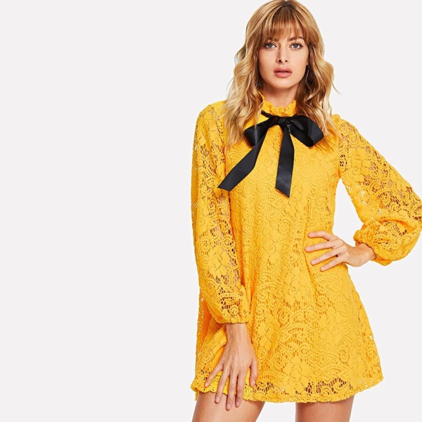 

Lantern Sleeve Flower Lace Overlay Ruffle Tied Neck Dress
