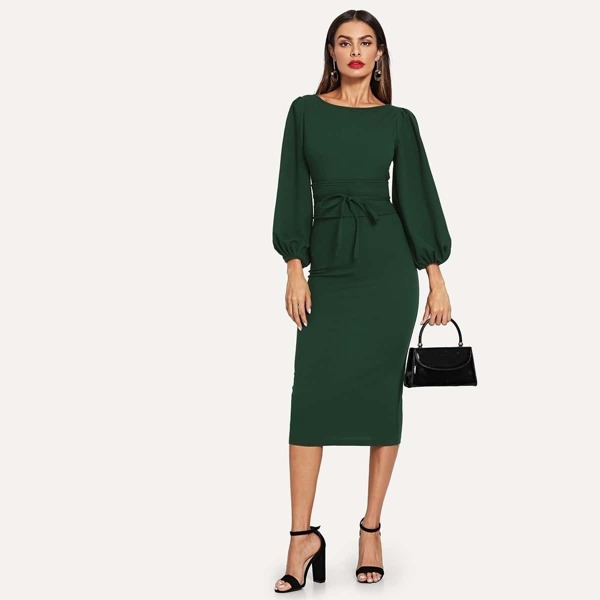 

Lantern Sleeve Self Tie Waist Solid Dress