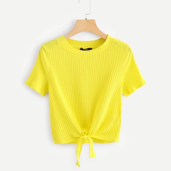 

Neon Yellow Knot Front Solid Ribbed Tee