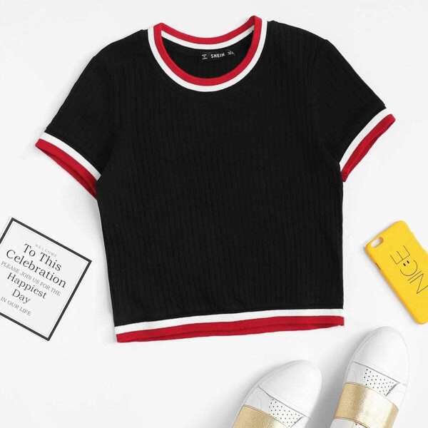 

Striped Trim Ribbed Crop Tee, Black