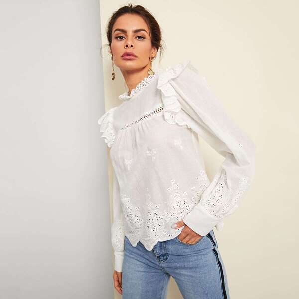 

Pompom Embellished Eyelet Embroidered Top
