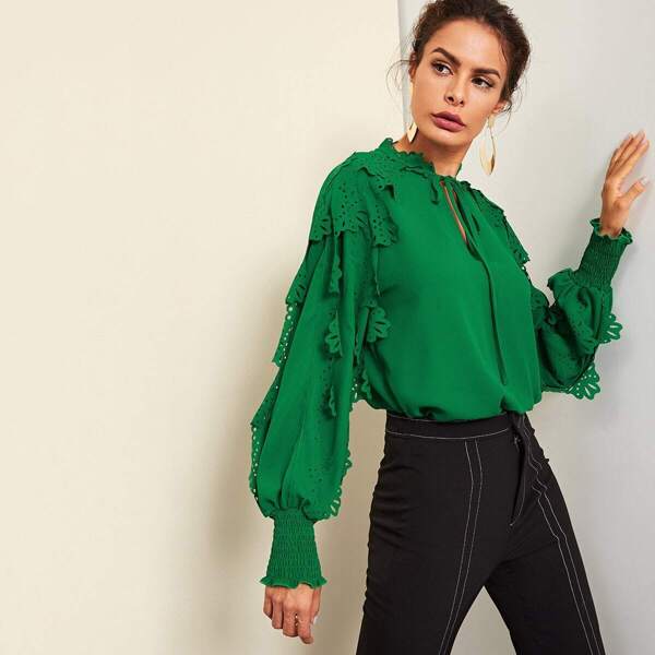 

Ruffle Laser Cut Tie Neck Top