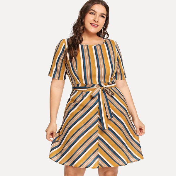 

Plus Striped Self Tie Waist Dress