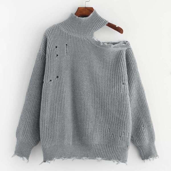 

Cut Out Shoulder Raw Hem Jumper