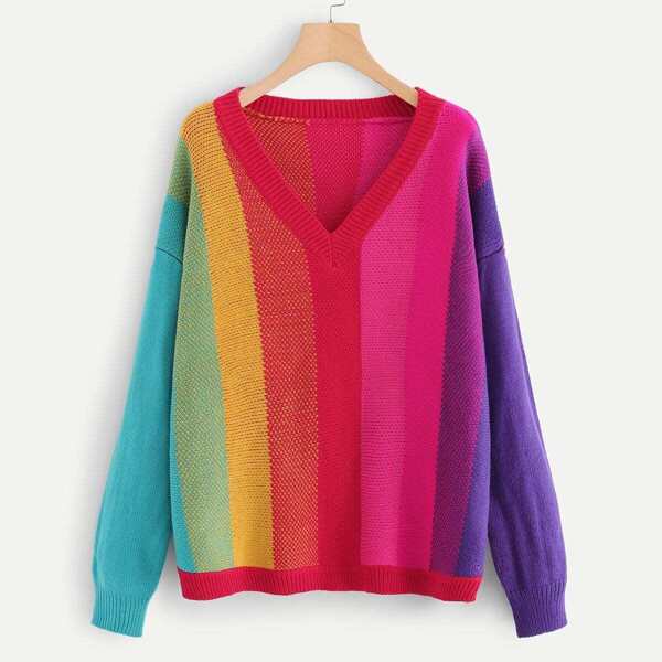 

V Neck Color Block Sweater, Multicolor