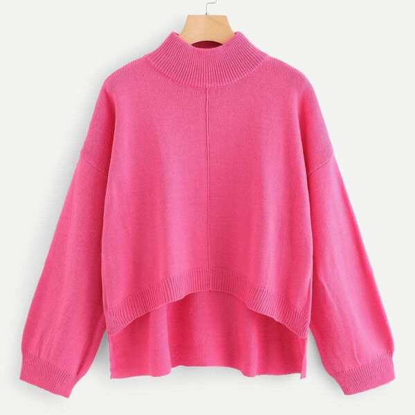 

Neon Pink Stepped Hem Solid Sweater