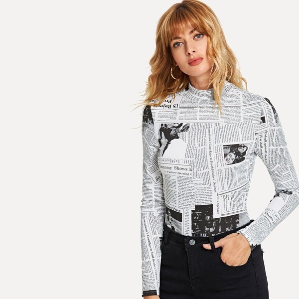 

Newspaper Print Mock Neck Tee