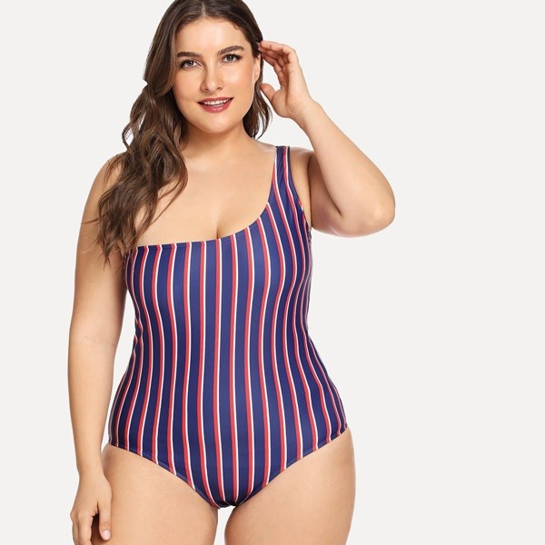

Plus One Shoulder Striped One Piece Swimsuit, Multicolor