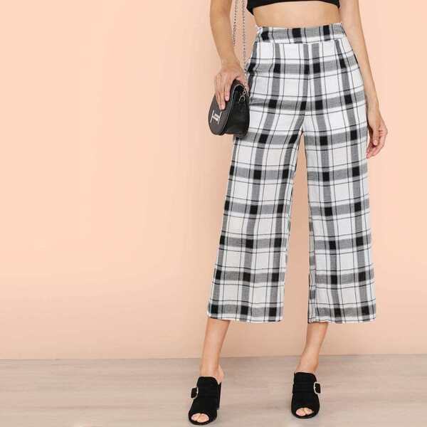 

Wide Leg Plaid Cropped Pants, Black and white