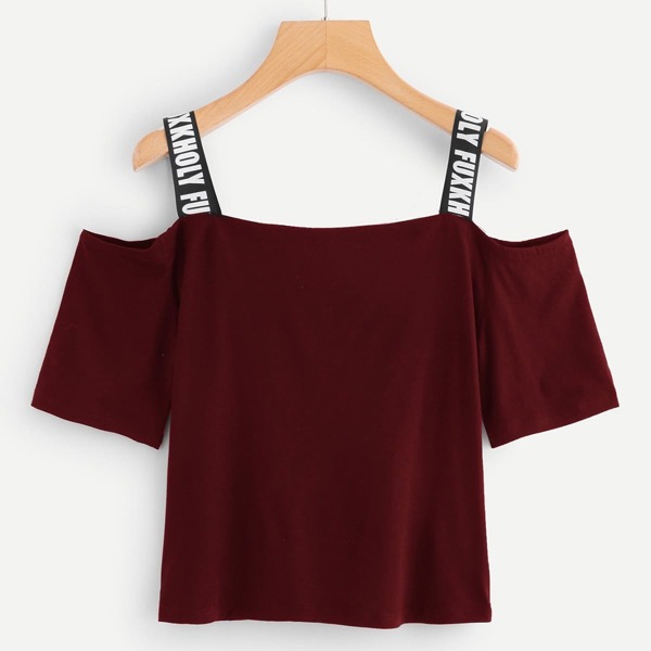 

Letter Strap Open Shoulder Tee, Burgundy