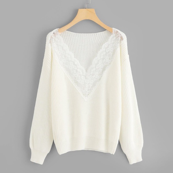 

Contrast Lace Solid Sweater, White