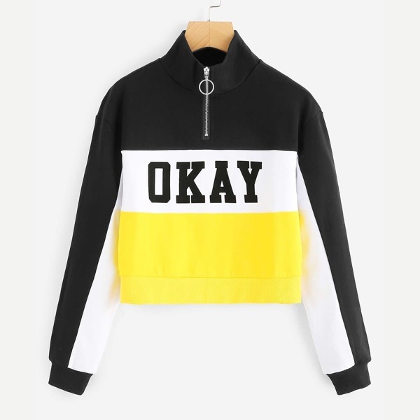 

Zipper Detail Letter Graphic Sweatshirt, Black