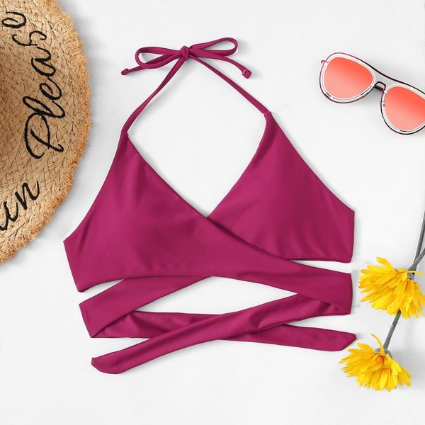 

Criss Cross Wrap Halter Bikini Top, Pink