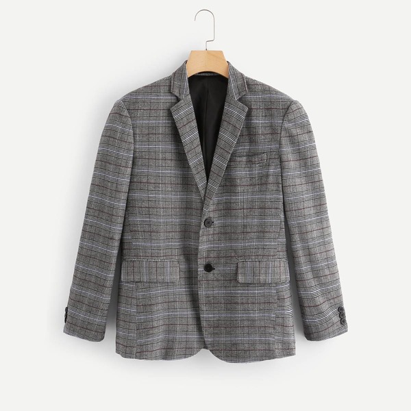 

Men Single Breasted Plaid Print Blazer, Grey