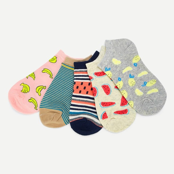 

Fruit Print And striped Ankle Socks 5 Pairs, Multicolor