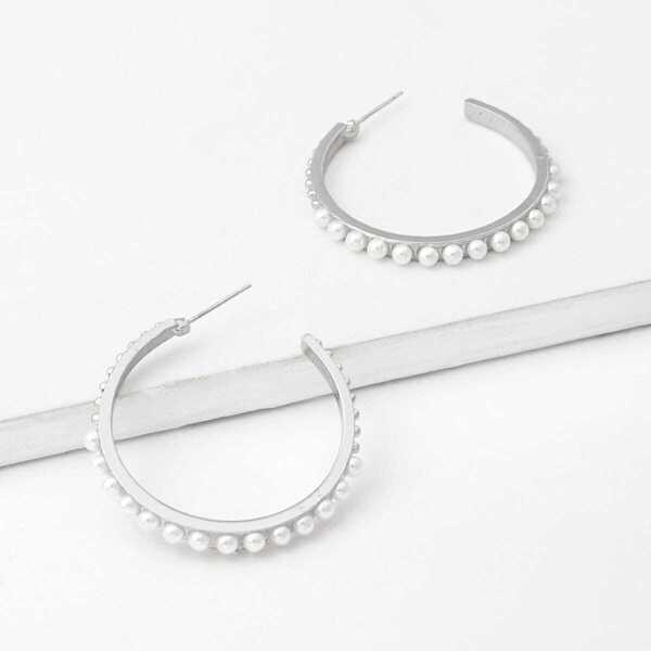 

Faux Pearl Decorated Hoop Earrings 1pair, Silver