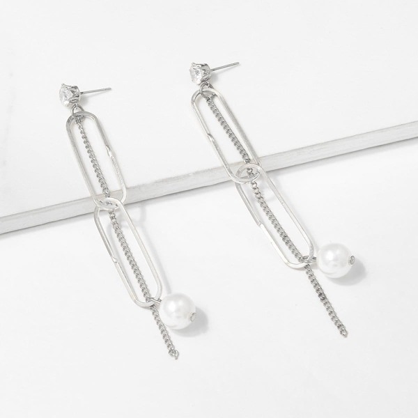 

Link Ring & Chain Detail Drop Earrings 1pair, Silver