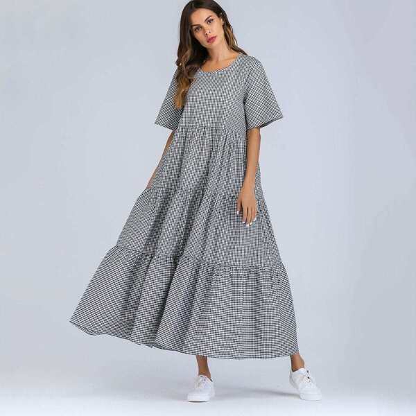 

Tiered Gingham Maxi Dress, Black and white