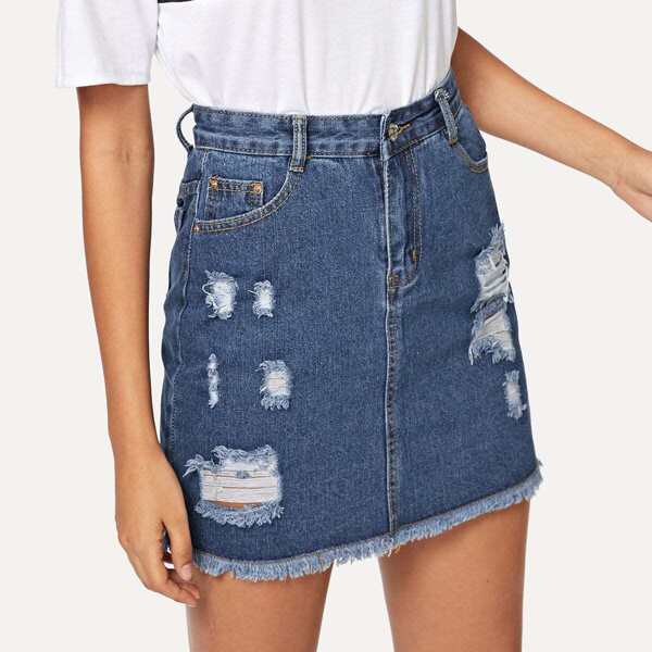 

Ripped Raw Hem Denim Skirt, Navy