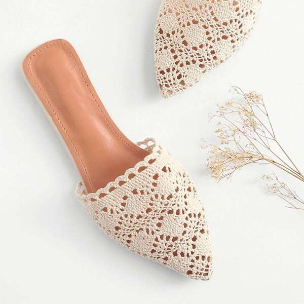 

Lace Crochet Flat Mules, Apricot