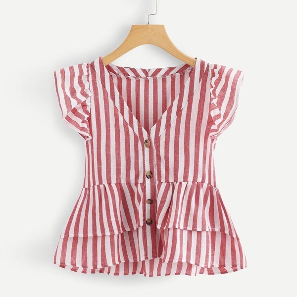 

Plus V Neckline Single Breasted Babydoll Top, Red