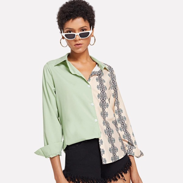 

Contrast Panel Geo Print Blouse