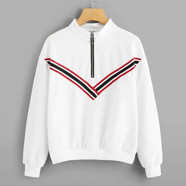 

Striped Tape Zip Up Sweatshirt, White