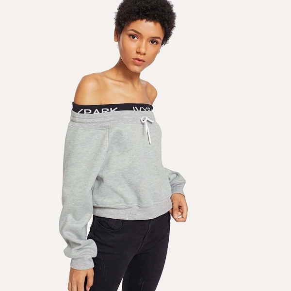 

Letter Print Off The Shoulder Sweatshirt, Grey