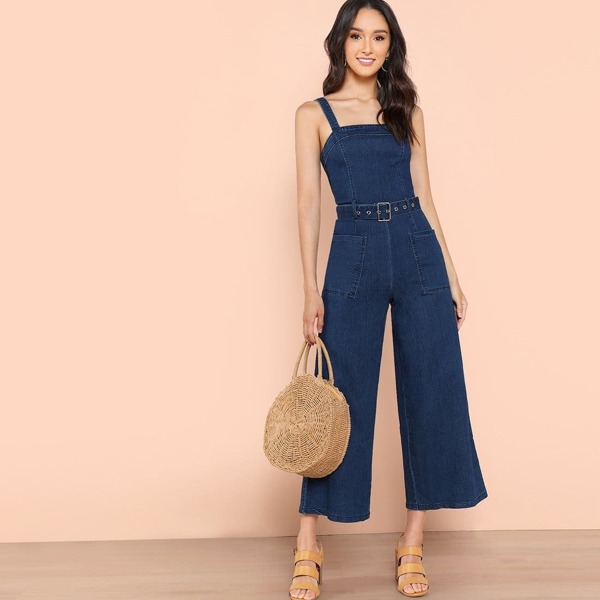 

Denim Belted Wide Leg Jumpsuit with Dual Pockets BLUE