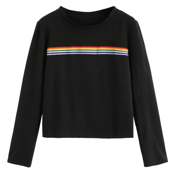 

Rainbow Striped Panel Tee, Black